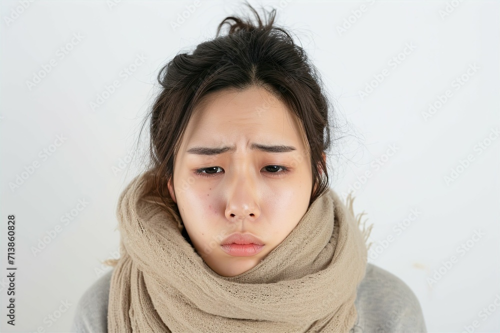 風邪をひいて辛い日本人女性(喉の痛み・くしゃみ・頭痛・咳・喉風邪・熱・悪寒) 風邪をひいて辛い日本人女性(喉の痛み・くしゃみ・頭痛・咳・喉風邪・熱・悪寒)