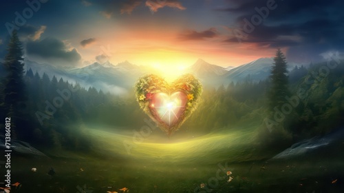 Heart in the forest with light and fog. 3D illustration, Colorful fantasy heart, light beam, green forest field