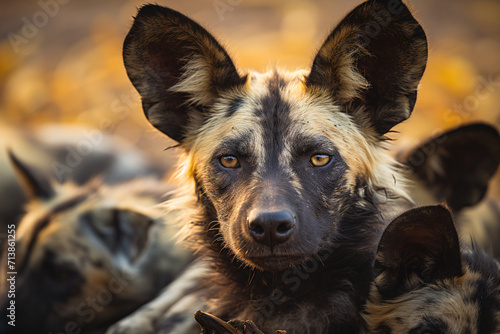 Close-up of a pack of Lycaon African wild dogs resting photo