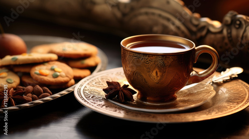 Embrace Ramadan s spirit  A close-up reveals steaming spiced tea  adorned with festive treats  capturing the essence of joy and togetherness