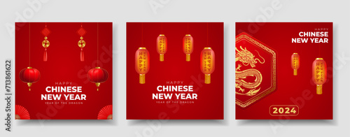 Happy Chinese New Year 2024 Social Media Post Collection with Red and Gold Background. Lunar New Year of the Dragon Banner Vector Illustration