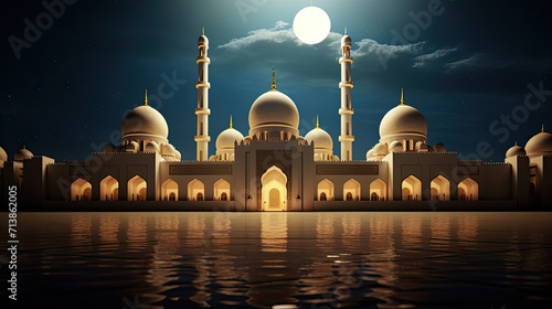 Golden mosque glows in Ramadan's warmth, adorned with shimmering lights, a sacred haven radiating tranquil spirituality