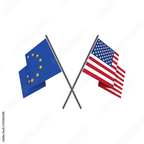 American and European crossed flags. Two Flags - United States of America USA with European union isolated on white background.