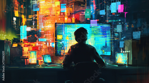 Programmer with Multiple Screens in Neon-Lit Office 