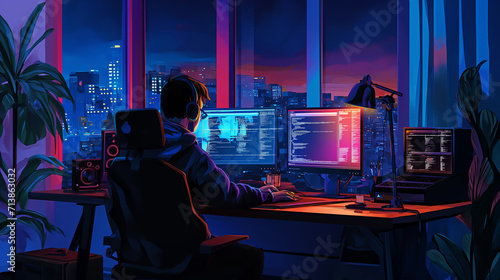 Programmer with Multiple Screens in Neon-Lit Office
