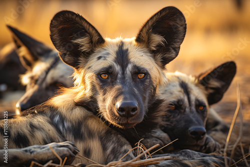Close-up of a pack of Lycaon African wild dogs resting