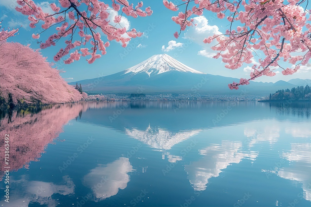 桜が咲く春の富士山が見える日本の風景(桜・春爛漫・満開の桜・鏡富士) Stock Photo | Adobe Stock