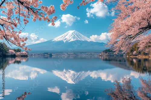 桜が咲く春の富士山が見える日本の風景（桜・春爛漫・満開の桜・鏡富士） © Maki_Japan