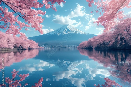 桜が咲く春の富士山が見える日本の風景（桜・春爛漫・満開の桜・鏡富士）