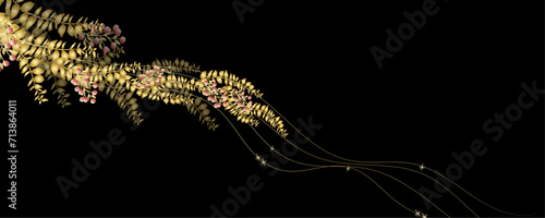 Vector art deco luxury flower, leaves line pattern, golden background. Golden botany banner. Japanese style Hand drawn vector. Line art style design. Hand drawn florals for packaging,coveand wall arts