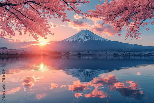 桜が咲く春の富士山の朝焼け・夕焼けの風景（桜・春爛漫・満開の桜・鏡富士）