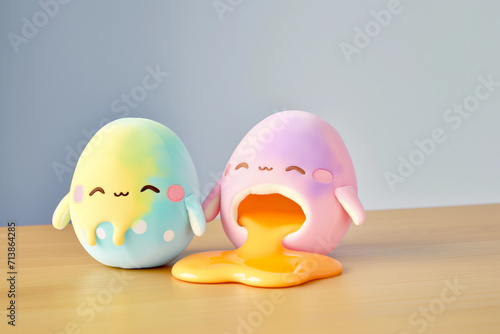 Funny plushie pastel plushie Easter eggs vomiting up egg yoke in kawaii cute kids toy style for meme festive banner or marketing, soft toys japan cracked broken egg design