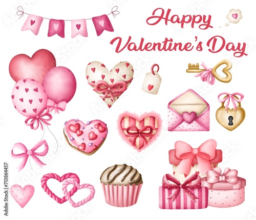 Happy Valentine   s Day  Valentine   s Day watercolor set  set of pink hearts  cute happy stickers with hearts  valentines day postcard 