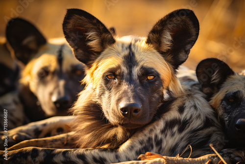 Close-up of a pack of Lycaon African wild dogs resting