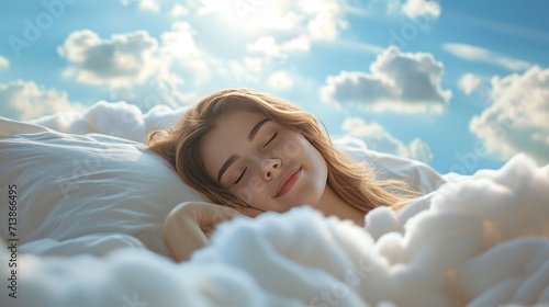 Women a smile sleeps on a bed with a soft white dazzling blanket and pillows that float in the clouds