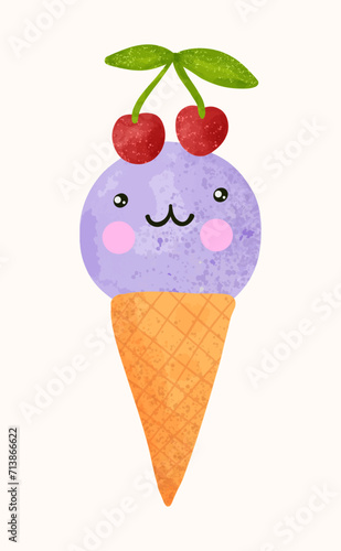 Kawaii cute ice cream waffle cone with cherry print, kids design