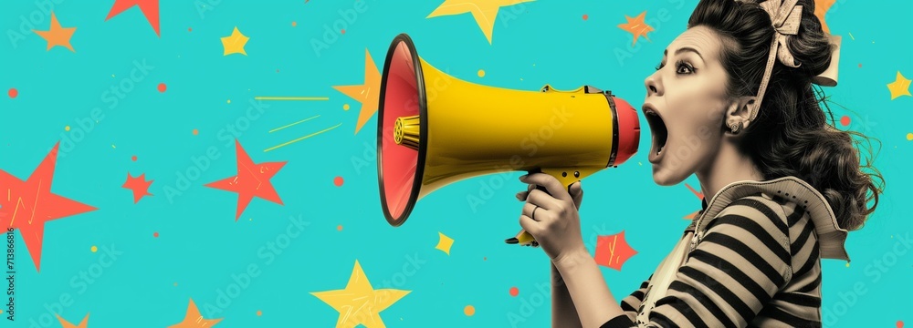 Woman in retro fashion energetically shouts into an oversized megaphone against a turquoise backdrop with stylized coral stars. - obrazy, fototapety, plakaty 