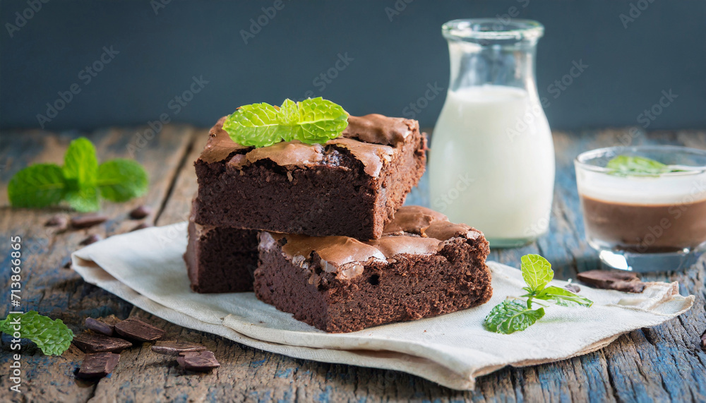 Delicious sweet brownie, chocolate cake and milk, tasty food, cocoa dessert Delicious sweet brownie, chocolate cake and milk, tasty food, cocoa dessert