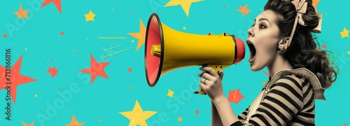 Woman in retro fashion energetically shouts into an oversized megaphone against a turquoise backdrop with stylized coral stars.