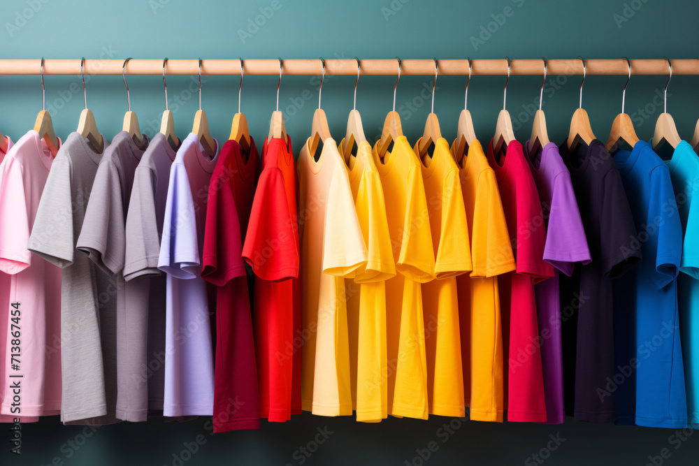 カラフルな洋服のTシャツが洋服店にディスプレイされている カラフルな洋服のTシャツが洋服店にディスプレイされている