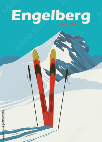 ski pole in snow vintage poster illustration design at engelberg titlis ski resort, switzerland photo