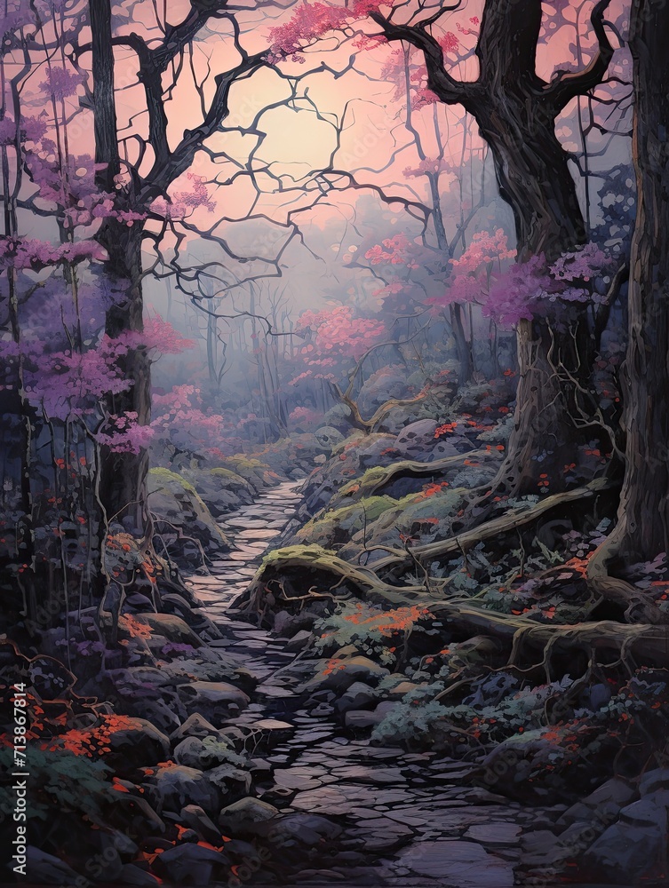 Enchanted Twilight Forest Pieces: Vintage Painting of Woods at Dusk
