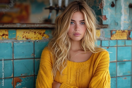 Portrait of a beautiful young woman with blond hair in a yellow sweater