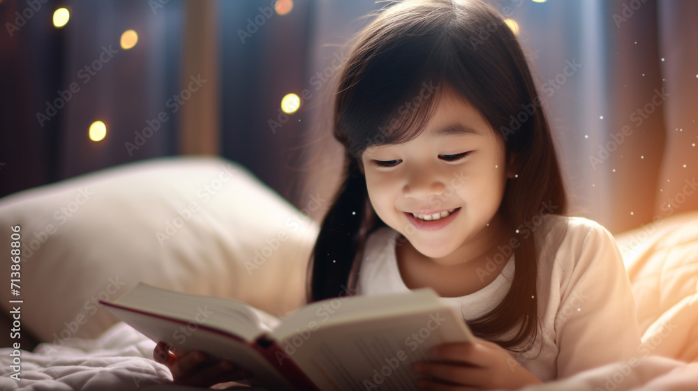 Cute girl smiling and reading book at home Cute girl smiling and reading book at home