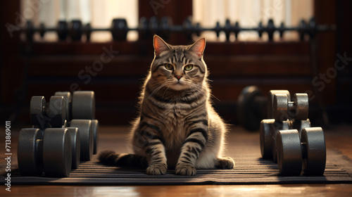 Striped cat on yoga mat