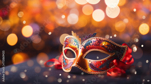 carnival mask with colorful and abstract defocused bokeh lights