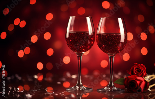 wine glasses on red background with rose on the red light