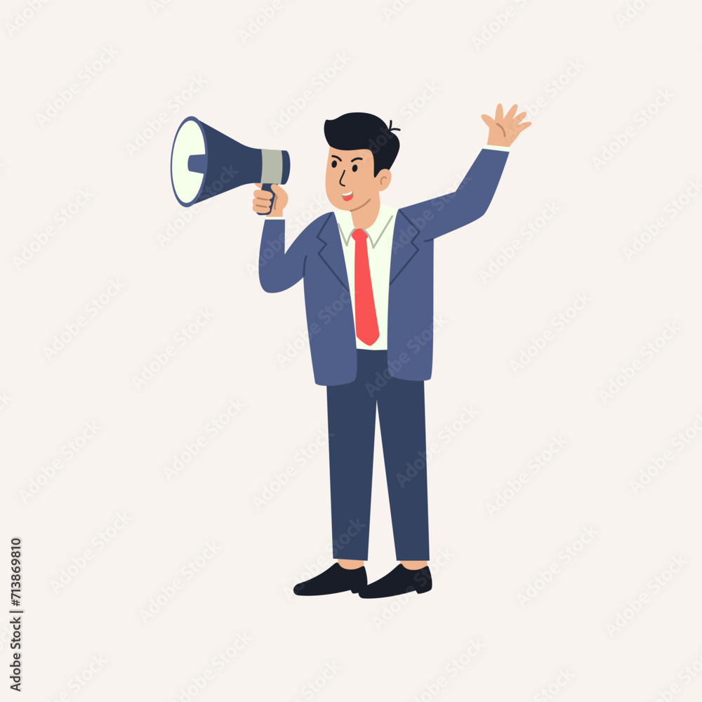 Businessman standing and communicate through a megaphone Businessman standing and communicate through a megaphone