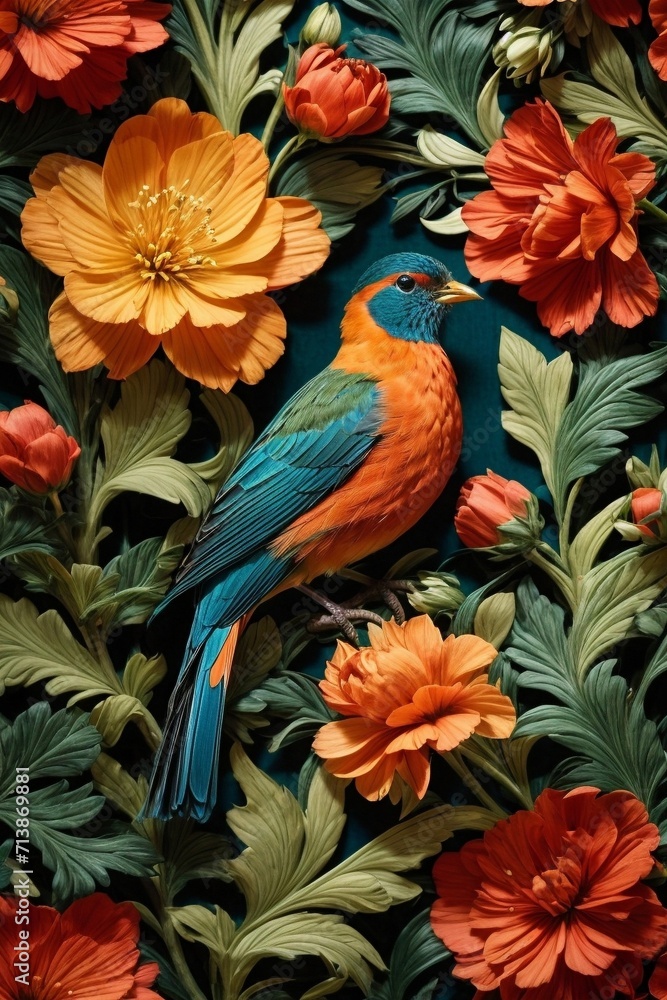Fototapeta premium Colorful Garden Reverie Generative AI's Bird and flowers Harmony Unveiled
