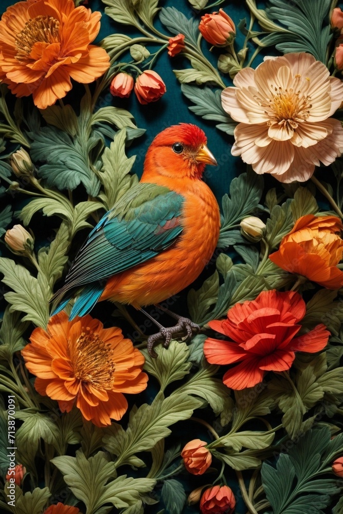Fototapeta premium Colorful Garden Reverie Generative AI's Bird and flowers Harmony Unveiled