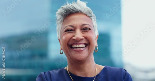 Business woman, face and senior, lawyer happy with career and confident on rooftop, skyscraper and pride. Expert, legal employee or attorney with smile in portrait for corporate and professional photo