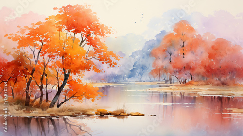 Warm orange watercolor landscape
