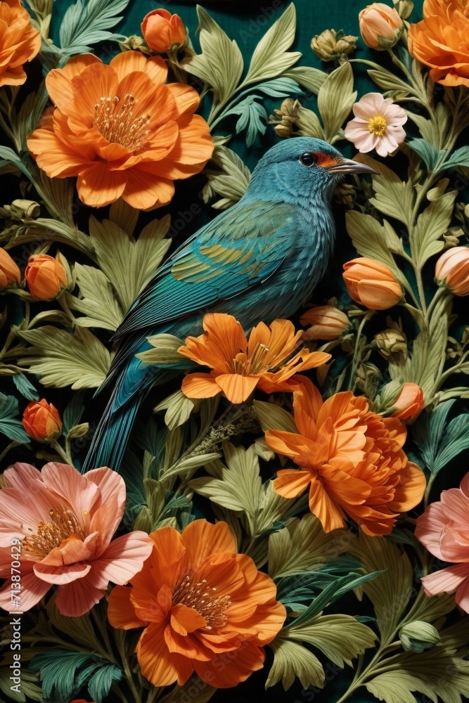 Obraz premium Colorful Garden Reverie Generative AI's Bird and flowers Harmony Unveiled