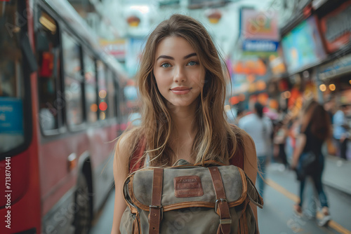 Sustainable tourism reduce global warming and save costs, Travel using buses and walking, American female tourist carrying a travel backpack, walking on theroad photo