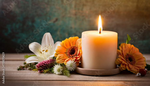 Burning candle and flowers on the table, beautiful interior arrangement, candlelight