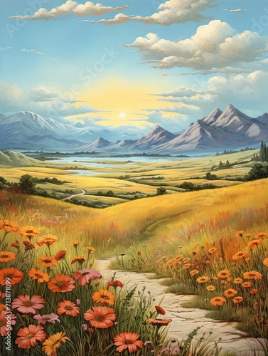 Free-spirit Grassland Art: Wildflower Vintage Landscape at the Horizon