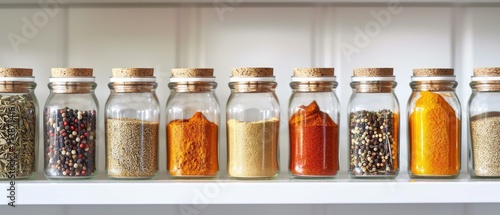 A collection of colorful spice jars, arranged in a row on a white pantry shelf 
