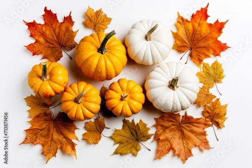 adorable autumn pumpkins and leaves on white background. Generative AI