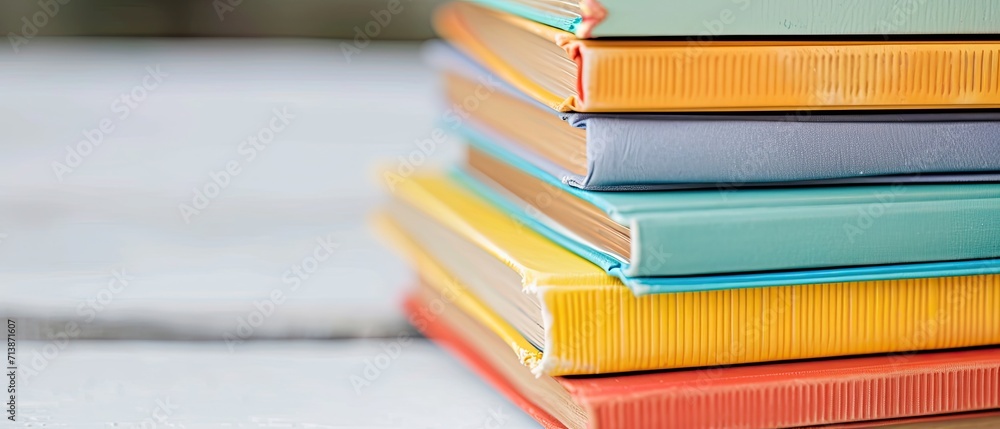 A stack of colorful, hardcover books, fanned out on a white table A stack of colorful, hardcover books, fanned out on a white table