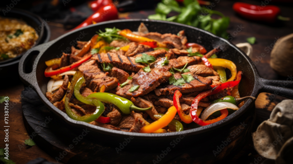 Fajitas with colorful bell peppers in pan a Fajitas with colorful bell peppers in pan a