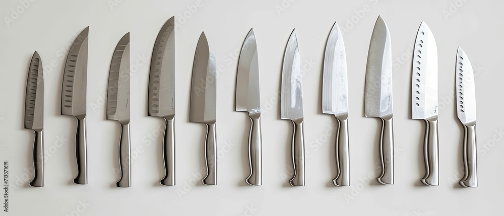 A set of stainless steel kitchen knives, arranged neatly on a white surface A set of stainless steel kitchen knives, arranged neatly on a white surface