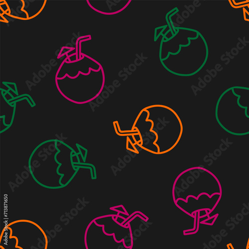 Seamless pattern with colorful outline coconut drink and black background