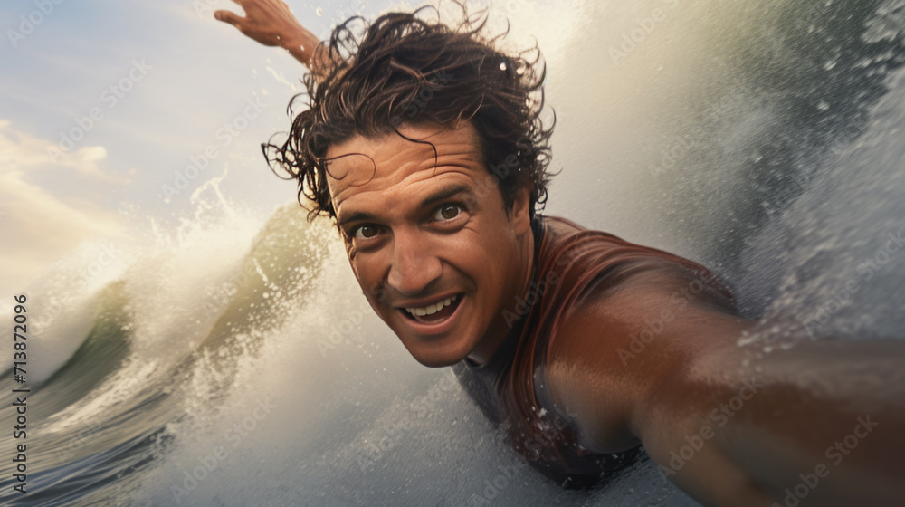 Fototapeta premium handsome guy traveler surfer in touristic clothing enjoying ocean sea waves swimming time