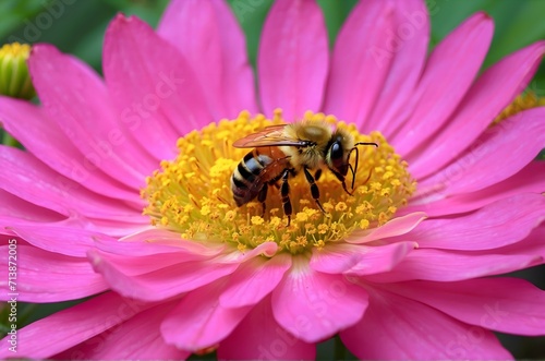 Bee diligently collecting pollen on a delicate pink flower