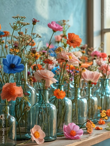 Through the arrangement of flowers in glass bottles. Generative AI.
