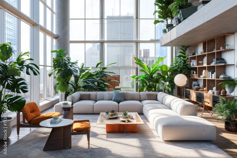 a large modern living room with many plants